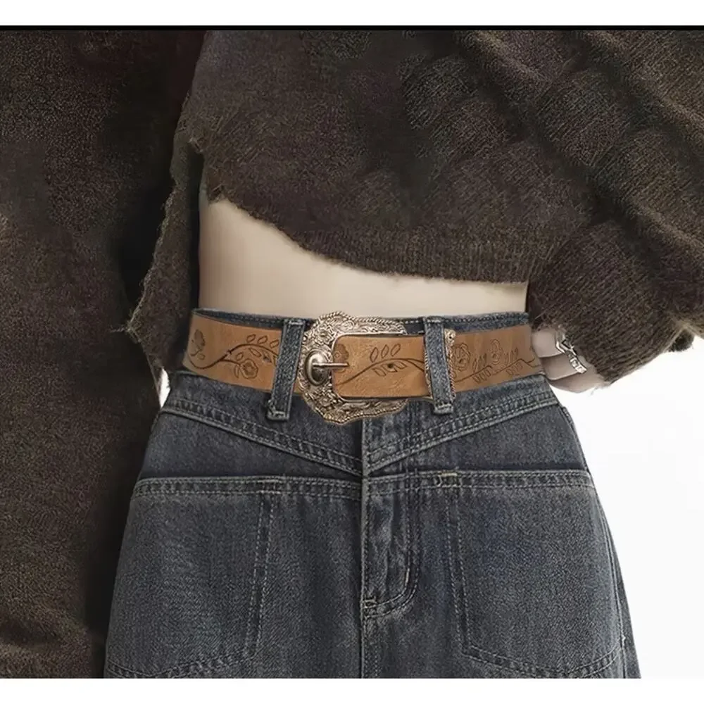 (Vintage) Bohemian Western Style Belt With Buckle 1.5 Inch Wide, Faux Leather Lg